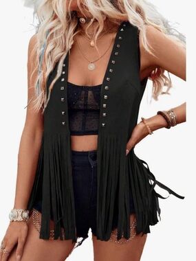 Studded Women’s Fringe Trim Sleevless Black Vest Faux Suede Size Medium